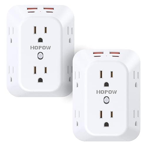2 Pack Outlet Extender Surge Protector, HOPOW 6 Outlet Splitter with 4 USB Ports (2 USB C), USB Wall Charger, 3-Sided 1050J Multi Plug Wall Outlet, Wall Mount for Home Travel Office Travel, White - Image 1
