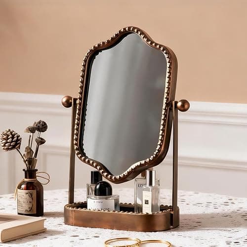 HuiDao Vintage Makeup Mirror with Tray, 360° Rotatable Antique Table Vanity Mirror with Stand, Metal Retro Desktop Dressing Mirror for Home Decor, Countertop, Bedroom, Bathroom, Living Room - Image 1