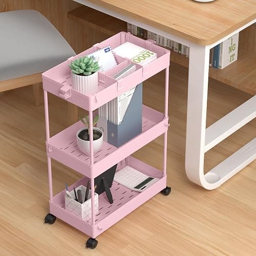 SPACELEAD 3 Tier Rolling Cart with Wheels, Storage Craft Art Trolley Organizer Serving, 3 Hanging Baskets Easy Assembly, for Office, Living Room, Kitchen, Pink thumbnail 5