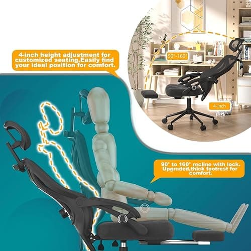 Ergonomic Office Chair with Footrest - Adjustable Lumbar Support & Headrest, 90-160° Reclining Mesh Back Computer Chair - Home Office/Gaming, 330lbs Capacity (SGS Certified) thumbnail 8