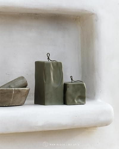 LAWA Raw Block Set of 2 Candle - Beautiful Handmade Pillar Scented Soy Wax Elegant Aesthetic Candle Housewarming Gift Home Room Shelf Decor Idea (Earthy Green, Set of 2) thumbnail 3