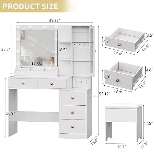 Vanity Desk with Mirror and Lights, Makeup Vanity Table Set with 5 Storage Drawers, Power Outlet & Chair, Small Dressing Table with RGB Ambient Light, Adjustable Brightness for Girls Bedroom, White thumbnail 2