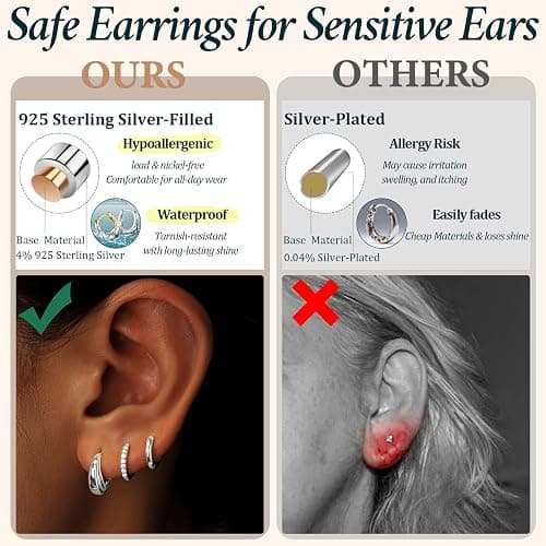 Poxtex Small Sterling Silver Huggie Hoop Earrings Set for Women, Hypoallergenic 14K Gold Plated Hoops Stacks for Multiple Piercings, Dainty Cute Mini Lightweight Cartilage Studs Trendy Jewelry Gift thumbnail 3