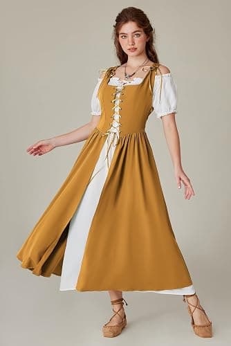 SCARLET DARKNESS Renaissance Costume Women Peasant Medieval Dress Short Sleeve Maxi Fairy Dresses with Pockets thumbnail 7