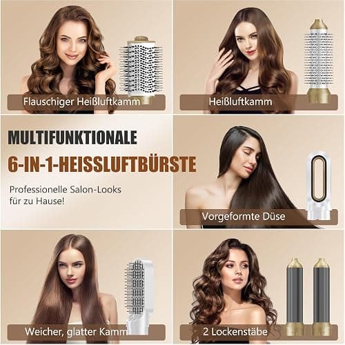 6 in 1 Hairstyler, Ionen Föhn, 1000W Multifunktionaler Hairstyler, Lockenstab Automatisch, Keramiktechnologie, Professioneller Warmluftbürste, Locken und Glätten (Weiß) thumbnail 2