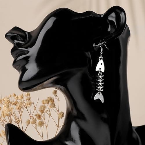Mabor Ohrringe Fisch Skelett, Grunge Accessoires Ohrhänger Ohrschmuck Fischgräten Zinklegierung Lange Coole Weird Ohrringe Silber Y2k Punk Gothic Schmuck Fischhaken Hängend Schräge für Frauen Mädchen thumbnail 5