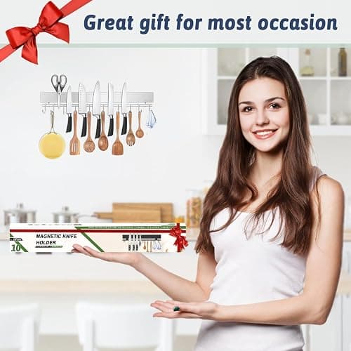 17" Magnetic Knife Holder for Wall, Stainless Steel Knife Magnetic Strip | No Drill with 10 Hooks/Adhesive Tape/Screws, Kitchen Utensil Holder, Magnetic Knife Organizer, Wall Mounted Knife Storage thumbnail 7