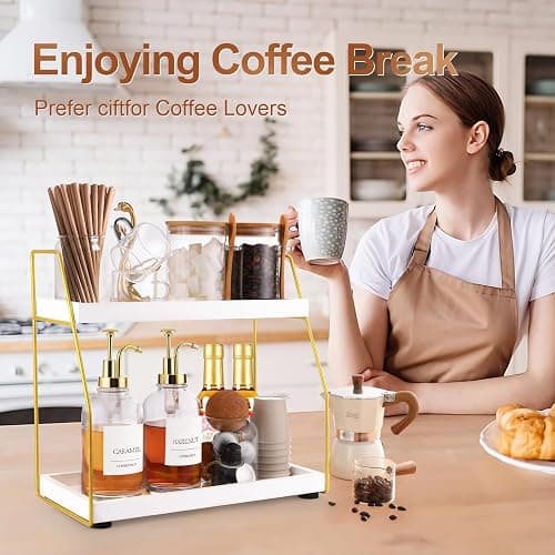 Coffee Bar Accessories,Coffee Station Organizer with Multi-Functional,CoffeeBar Decor for Accessories,2 Tier Wooden Shelf Gold Metal Station Organizer for Countertop,Syrup thumbnail 7