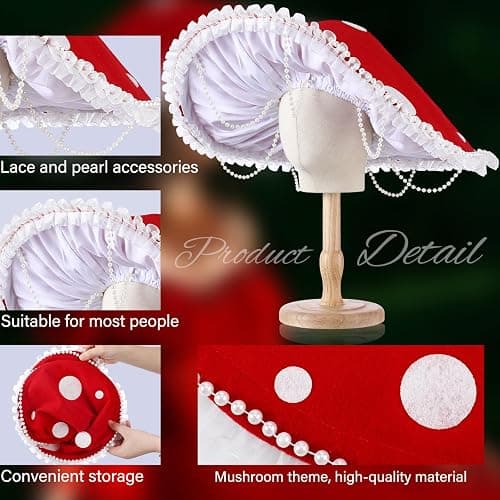 Croloose Mushroom Hat Renaissance Medieval Costume Cosplay Halloween Victorian Fairy Accessories with Bead Lace Brim Cap thumbnail 3