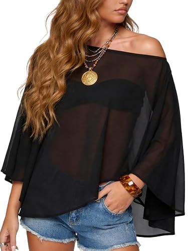 HAWILAND Sheer Ponchos for Women Chiffon Shawl Shrug Off Shoulder Mesh Asymmetrical Top Beach Cover Up Lightweight Chic - Image 1