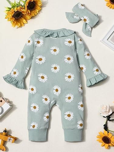 Von kilizo Baby Girl Clothes Infant Newborn Onesie Clothes for Baby Girls Long Sleeve Zip Closure Outfit with Headband thumbnail 9