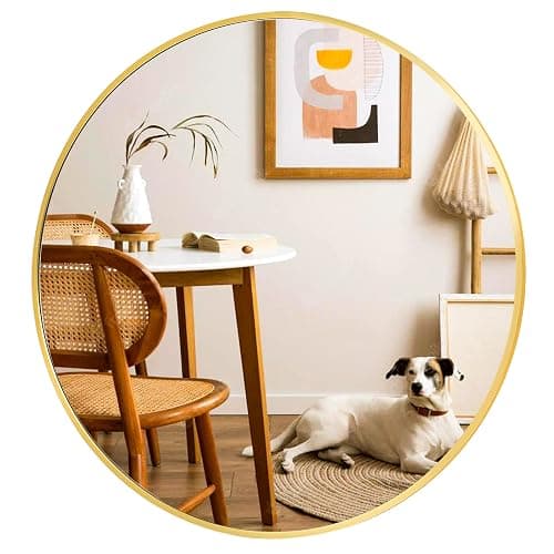 VooBang Gold Round Bathroom Mirror, 28 inch Circle Wall Mounted Hanging Mirror with Simple Modern Circular Metal Frame for Hallway, Entryway, Living Room, Gold Frame thumbnail 2