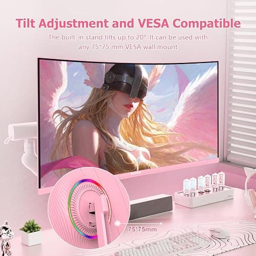 Raywego Pink 27 inch Curved Gaming Monitor 180Hz,FHD 1080P,1800R LED Display,Pink Computer Monitor,1ms (MPRT),FreeSync,Eye-Care Technology, DP, HDMI Port for Gaming Home Office,VESA(75mm*75mm) thumbnail 8