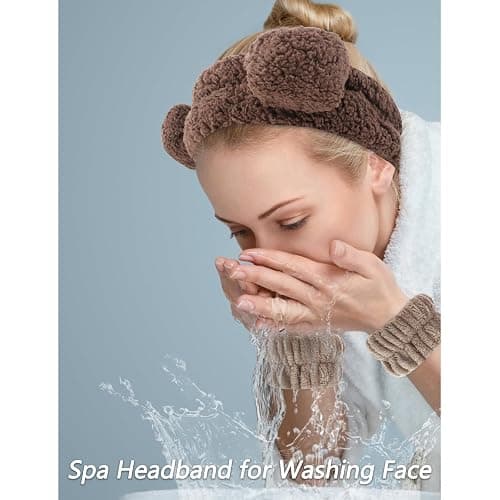 VELSCRUN Spa Headband, Makeup Face Wash Skincare Headbands, 5 Pcs Sponge Get Ready Bear Ears Hairband Facial Wristband Hair Clip Set, Stuff for Teen Girls Women Trendy Hair Accessories Dark Brown thumbnail 2
