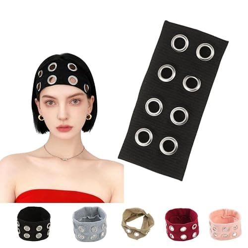 HORNEDI Grommet Headband for Women,Hollow Eyelet Elastic Headband,Wide Black Hollow Out Elastic Hair Band,Eyelets Stretchy Casual Hair Accessory(Black, Adjustable) - Image 1