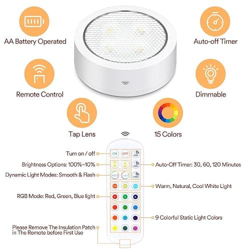 TECOMLIGHT Puck Lights with Remote Control, Battery Powered Wireless LED Under Cabinet Lighting, RGBCW Stick On Push Lights 6 Pack - White thumbnail 2