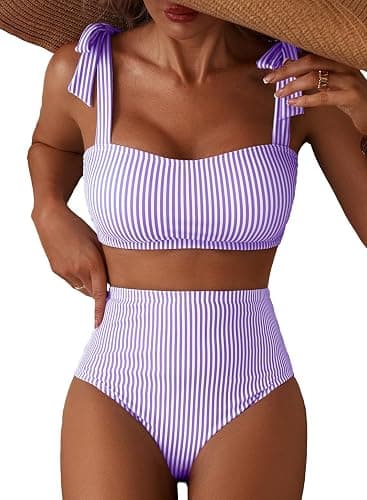 Herseas Women's Tie Shoulder Bikini Sets 2 Piece Striped Swimsuits High Waisted Bathing Suits - Image 1