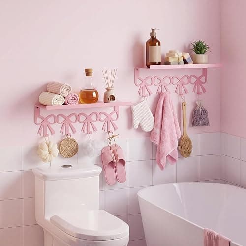ElaraBerry 2 Pcs Pink Bow Coffee Mug Rack Pink Coffee Bar Accessories Wall Mounted with 4 Hooks 16.8in x 4.8in Shelf Metal Hooks Kawaii Coquette Preppy Style Decor Kitchen Bar thumbnail 6