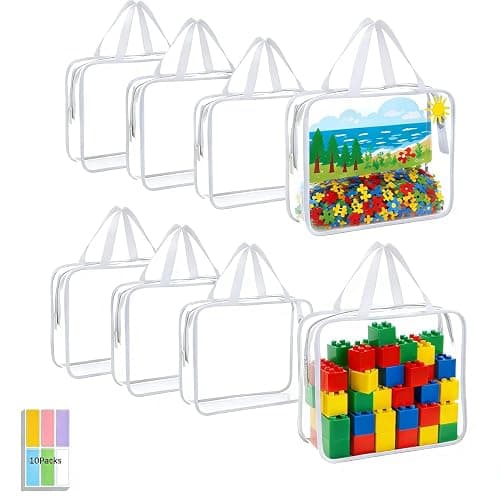 8 Packs Clear Toy Storage Bags, White | Zippered with Labels, Waterproof, For Board Games, Blocks & Books, Reusable Black Organizers, Small Toy Storage - Image 1