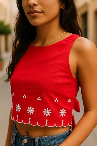 Hesaco Floral Embroidery Tie Back Summer Tank Tops for Women Sleeveless Crop Tops Y2k 2000s Going Out Coquette Clothes thumbnail 6