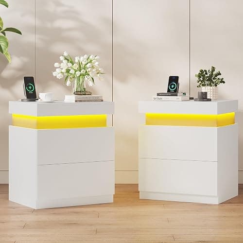 ADORNEVE White Modern Bedside Table with 2 Drawers | Nightstand with Charging Station and LED Lights,Night Stand with Sliding Top,Side Table for Bedroom thumbnail 8