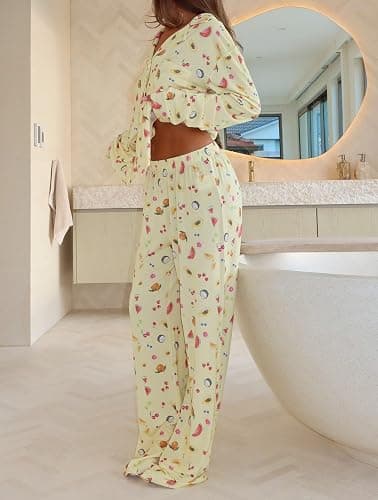 Giraropa Women Fruit Pajamas 2 Piece Pajama Sets Long Sleeve Button Down Shirt Elastic Waist Pants Set Loungewear thumbnail 5