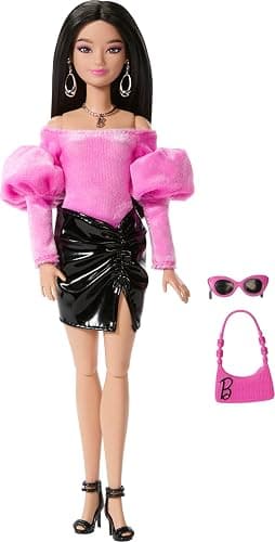 Barbie Deluxe Style Doll #13 in Pink Barbiecore Velveteen Top with Puffed Sleeves, Black Vinyl Mini Skirt, Black Hair, Pink Purse and Sunglasses​​ thumbnail 5