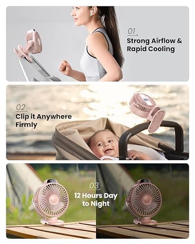 Koonie Portable Clip On Fan, Small USB Battery Operated, 3 Speed Rechargeable Mini Pink With LED Display, 360° Rotate Personal Cooling for Desk Stroller Travel Camping Golf Gym thumbnail 3