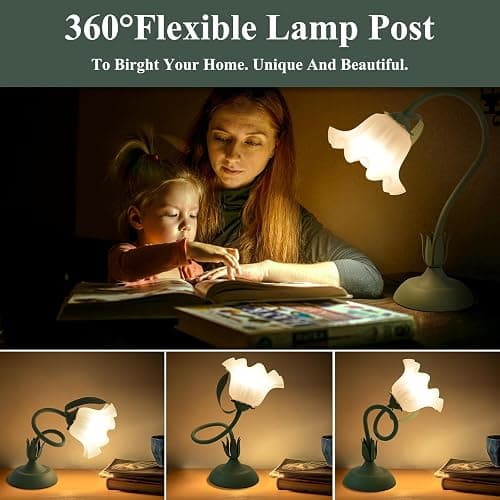 Flower Table Lamp, 3 Level Brightness Vintage Flower Reading Light with E26 Bulb, Cute Desk Lamp Bedside Lamps Lily Lamps for Nightstands Living Room Bedroom Ambient Lighting Home Decor, Metal Base thumbnail 2