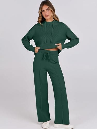 ANRABESS Women 2 Piece Outfits Sweater Sets Loose Long Sleeve Hoodies Knit Pullover Wide Leg Pants 2025 Fall Lounge Sweatsuit thumbnail 6