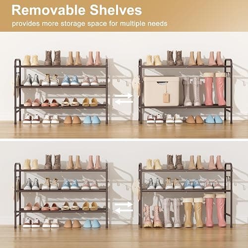 VILICK 3 Tier Shoe Rack 33" Wide Metal Shoe Organizer Long Shoe Storage with 4 Side Hooks Sturdy Shoes Shelf for Front Door Entrance, Closet, Garage, Dorm, Brown thumbnail 6