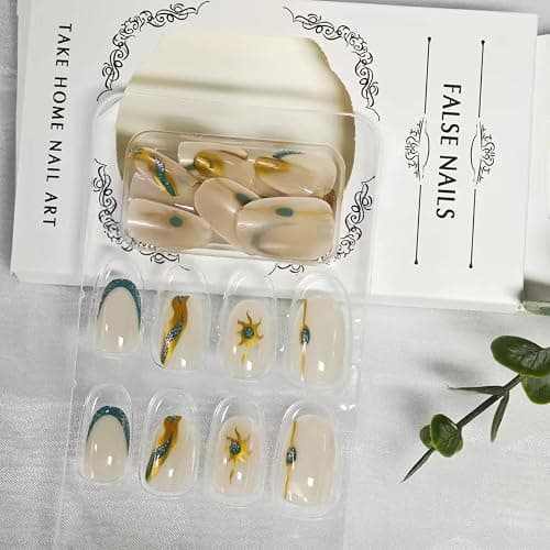 Medium Press On Nails - Nude Almond False Nails with Design, Sun Glue, Glitter Silver French Tip, Acrylic Full Cover Stick Ons for Women & Girls - 24 Pcs - Style04 - 0.99 Fl Oz (Pack of 1) thumbnail 4