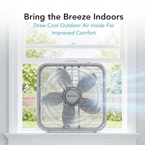 Comfort Zone Box Fan with Carry Handle, 20 inch, 3 Speed Full-Force Air Circulation Window Fan, Bedroom Floor Fan with 5 Blades, White Noise Cooling Fan, White thumbnail 8