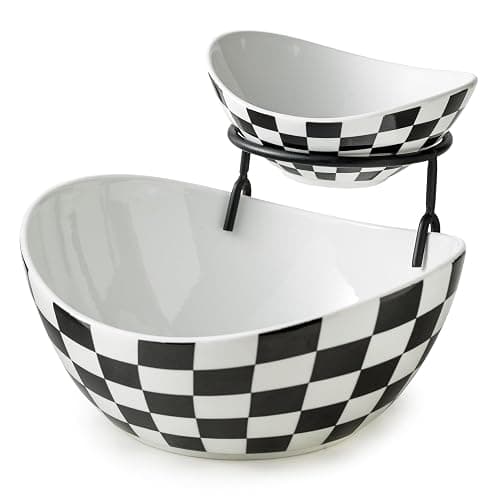 Miamolo Tiered Serving Bowls Chip and Dip Serving Set with Stand, Ceramic Appetizer Serving Dishes Platters and Trays for Parties Entertaining - Checkered Kitchen Decor - Image 1