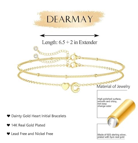 DEARMAY Dainty Initial Heart 14K Gold Plated Bracelets for Women Trendy, Letter Charm Bracelet Jewelry Cute Simple Fashion Chain Gift thumbnail 3
