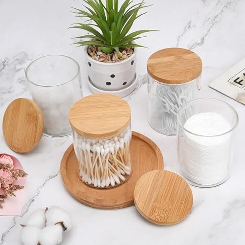 BKYFPQ 4 Pack Glass Qtip Holder Dispenser Set - Apothecary Jars with Lids for Vanity Makeup Organizer - Bathroom Canister Storage Organizer for Cotton Ball,Swab,Round Pads,Floss - 4pcs thumbnail 2