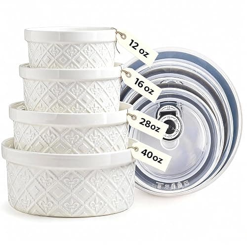 Large Mixing Bowls with Airtight Lids, Classic White Porcelain Embossed Nesting Salad Bowls for Baking and Cooking, 12/16/28/40oz Serving Bowls Set of 4, Oven and Dishwasher Safe, Thanksgiving Gift - Image 1