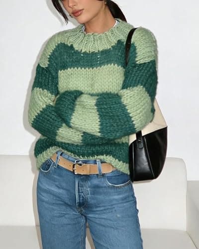Women Y2K Striped Oversized Sweater Crewneck Long Sleeve Vintage Aesthetic Knit Pullover Tops Teens Cute Preppy Sweater thumbnail 4