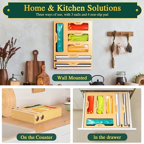 KOCWELL Bag Organizer and Plastic Wrap Dispenser with Cutter, 6 In 1 Bamboo Foil and Plastic Wrap Organizer for Kitchen Drawer, Food Storage Bag Organizer for Gallon,Quart,Sandwich,Snack(Yellow) thumbnail 8