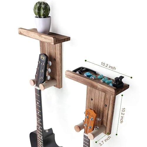 Keebofly 2-Pack Guitar Wall Mount Hanger with Shelf & Pick Holder - Wood Wall Hook for Acoustic, Electric, Bass Guitars, Ukulele (Screw-Mounted, Brown) [Patented] thumbnail 3