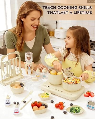 Cooking Sets Real Electric Dual Stove - Montessori Cooking Set with Mini Kitchen Tools, Safe Utensils, Apron & Cookware -Great for Pretend Play Montessori Learning (Beige) thumbnail 6