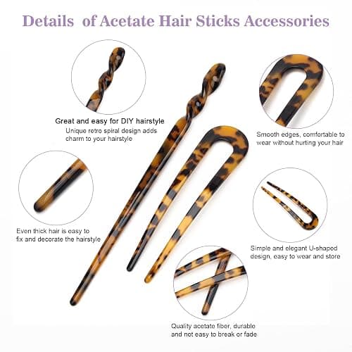 6+4P Acetate Hair Sticks Set, Coldairsoap 2 Styles Tortoise Shell Hair Pins U-Shaped Straight Chopsticks 10 Colors Vintage French Hair Forks for Women (Classic) thumbnail 4