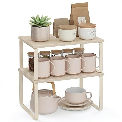 SONGMICS Spice Rack, Set of 2 Cupboard Shelf Organisers, Expandable Kitchen Shelf Organiser, Stackable Spice Holder, Metal and Engineered Wood, Travertine Beige and Cream White KCS020L01 - Image 1