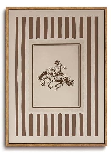 ZZLWBKGL Vintage Western Framed Wall Art Farmhouse Striped Cowboy Canvas Wall Art Retro West Nursery Pictures Decor Mid Century Rodeo Bronco Riding Art Prints for Living Room Bedroom - Image 1