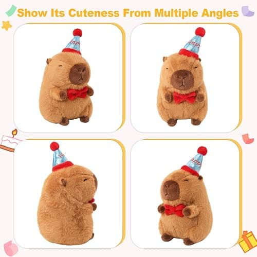 Ditucu Cute Capybara Plush with Happy Hat Red Bow Soft Capybara Stuffed Animal Plushies Toys for Birthday Gifts Party Decoration for Kids Brown 9 inch thumbnail 4