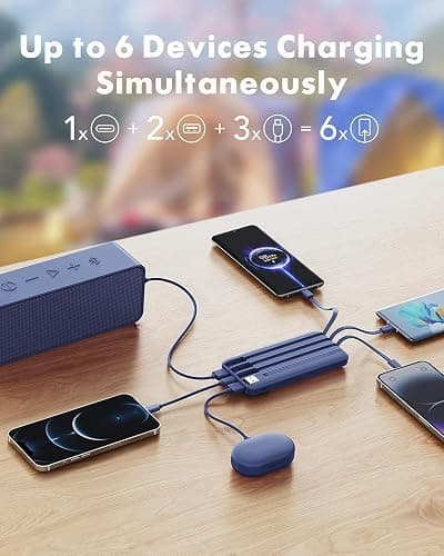charmast Portable Charger with Built in Cables, Power Bank with Cords Wires, Slim 10000mAh Travel Battery Pack 6 Outputs 3 Inputs 3A Fast Charging for Samsung Google Pixel LG Moto iPhone iPad thumbnail 3
