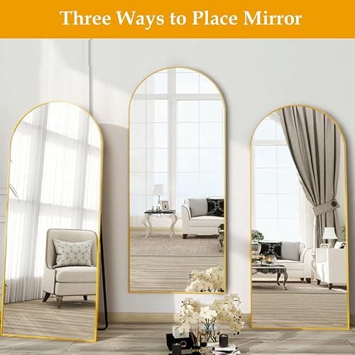 Dewfig Arched Full Length Mirror, 64"*21", Large Floor Mirror with Stand, Full Body Mirror Standing Mirror for Leaning or Hanging Bedroom, Living Room,Dressing Room, Aluminum Alloy Frame, Gold - Gold - 64"L x 21"W thumbnail 6