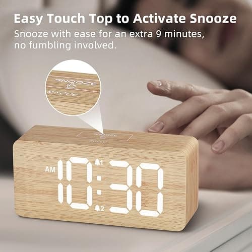Wooden Digital Alarm Clocks for Bedrooms: Dimmable Dual Alarm Clock with Large Numbers for Bedside Desk - Bamboo thumbnail 8