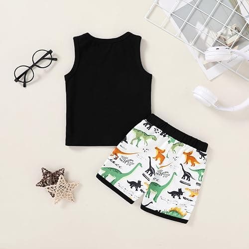 YOUNGER TREE Toddler Baby boy summer clothes Beaches Love Me Sleeveless Vest Tops+Shorts Kid Casual outfits - 6-12 Months - Black Dinosaur thumbnail 6