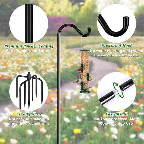 FEED GARDEN 76'' Bird Feeder Pole, Heavy Duty Shepherds Hooks for Outdoor with 7-Prong Base, Adjustable Shepherds Hook for Hummingbird Feeder, Lanterns, Plants, Wedding Decor (1 Pack) thumbnail 3